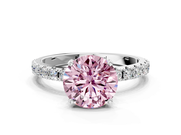 White gold Fancy Pink Round Cut Diamond Solitaire Pavé Band with Four-Prong Setting