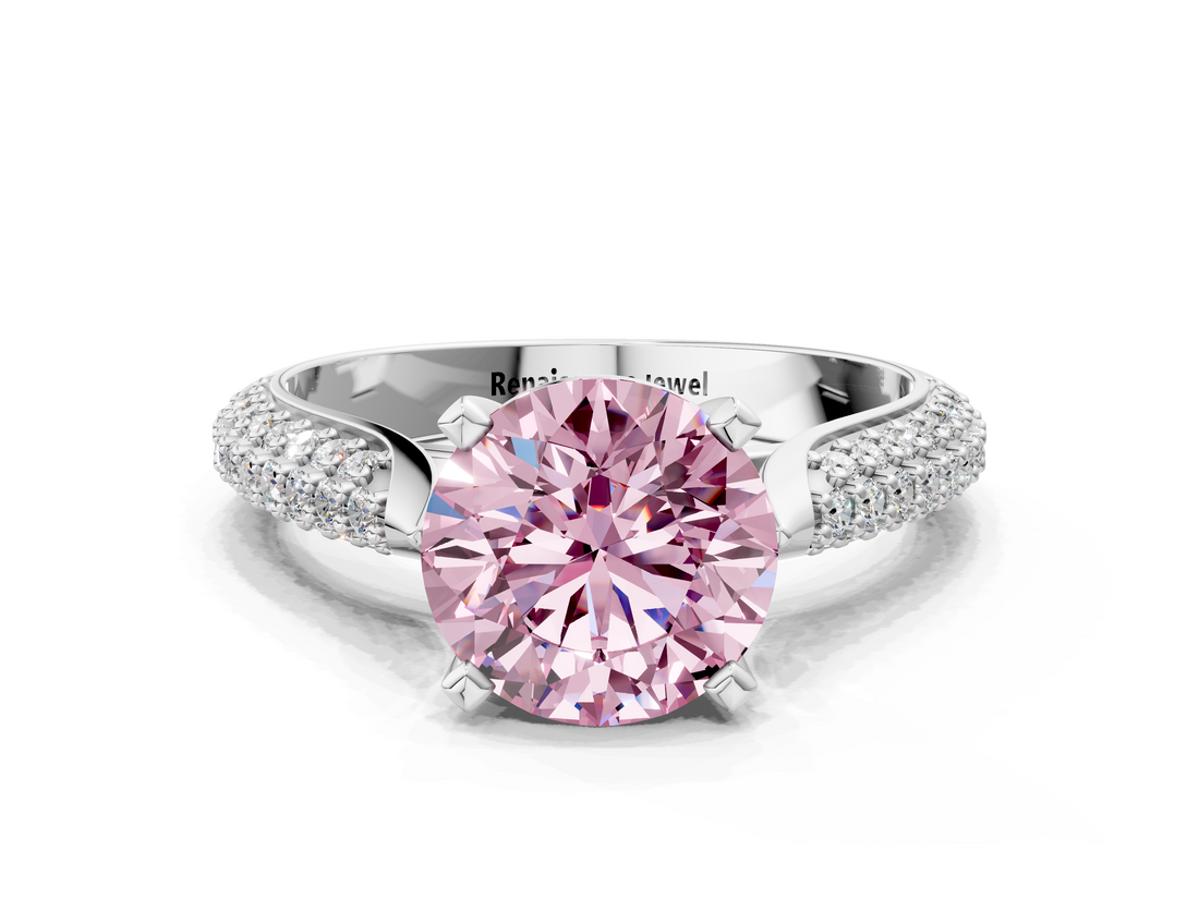 White gold Fancy Pink Round  Solitaire Pavé Diamond Engagement Ring with Four-Prong Setting