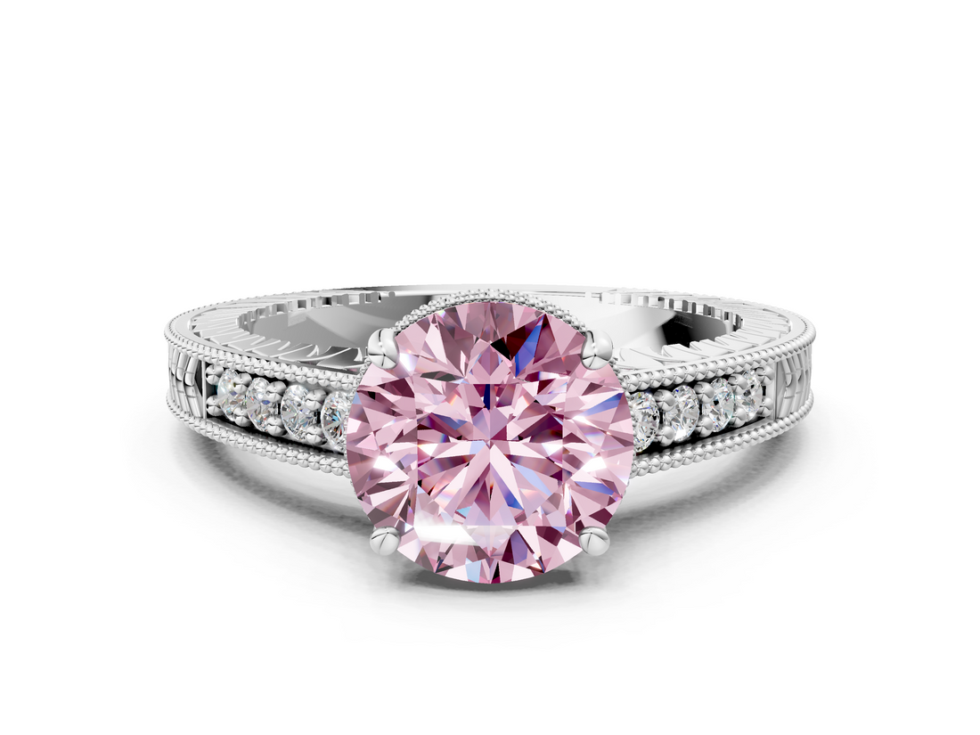 White gold Fancy Pink Round  Solitaire Pavé Diamond Milgrain Engagement Ring with Four-Prong Setting