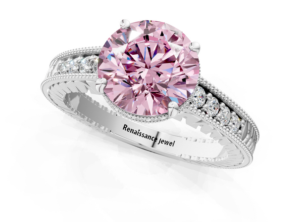 White gold Fancy Pink Round  Solitaire Pavé Diamond Milgrain Engagement Ring with Four-Prong Setting