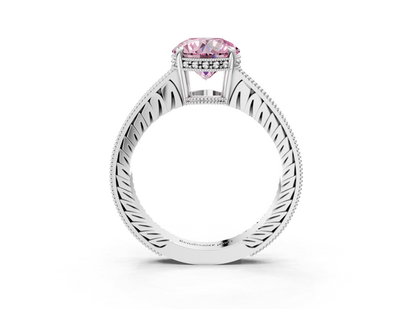 White gold Fancy Pink Round  Solitaire Pavé Diamond Milgrain Engagement Ring with Four-Prong Setting