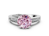 White gold Fancy Pink Round  Solitaire Pavé Diamond Milgrain Engagement Ring with Four-Prong Setting