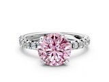 White gold Fancy Pink Round  Solitaire Pave Diamond Engagement Ring with Four-Prong Setting