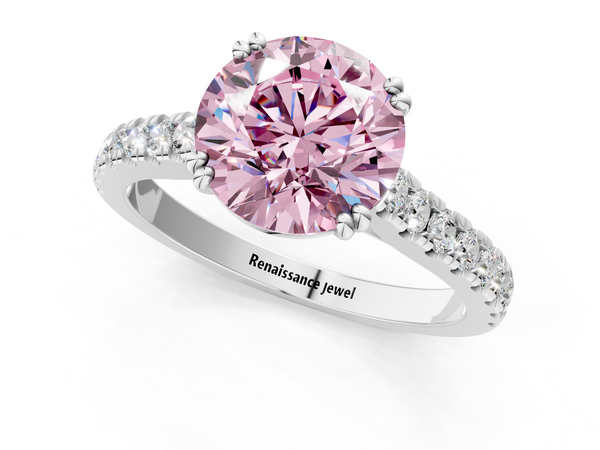 Platinum Fancy Pink Round  Solitaire Pave Diamond Engagement Ring with Prong Setting