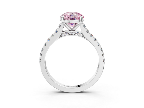Platinum Fancy Pink Round  Solitaire Pave Diamond Engagement Ring with Prong Setting