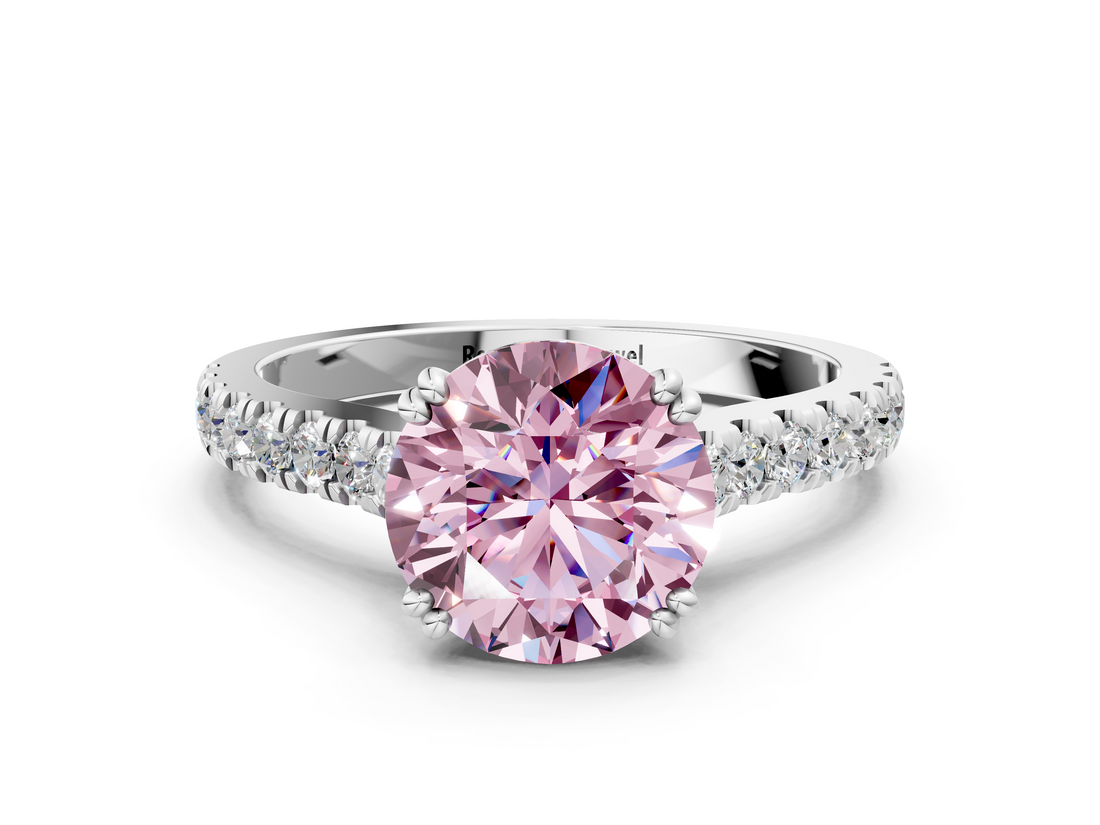White gold Fancy Pink Round  Solitaire Pave Diamond Engagement Ring with Prong Setting
