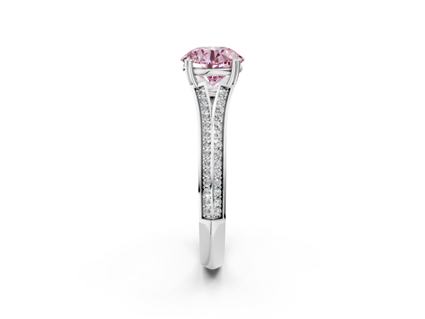 Platinum Fancy Pink Round Cut Diamond Split Shank Engagement Ring with Pavé Band