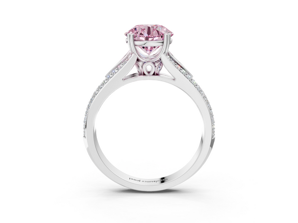 Platinum Fancy Pink Round Cut Diamond Split Shank Engagement Ring with Pavé Band