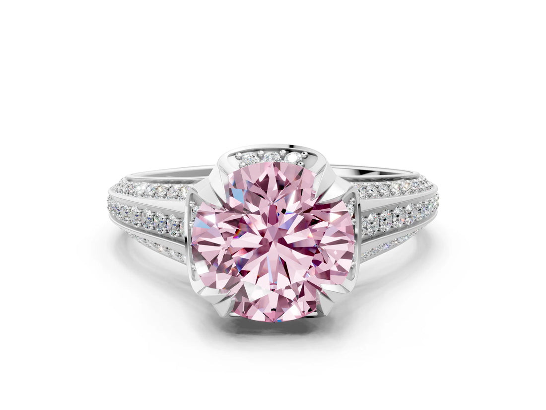 White gold Fancy Pink Round  Solitaire Pave Split Shank Ring with Four-Prong Setting_147