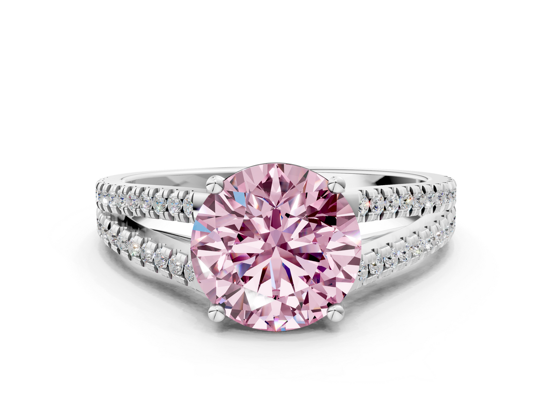 White gold Fancy Pink Round  Solitaire Split Shank Pavé Diamond Engagement Ring