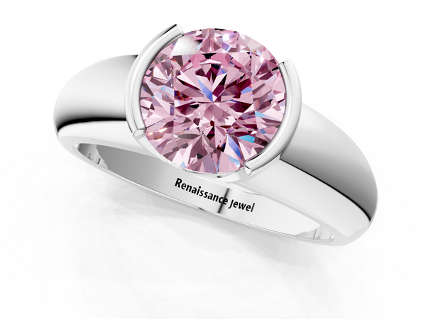 Platinum Fancy Pink Round  Solitaire Tension Set Diamond Ring with Wide Band