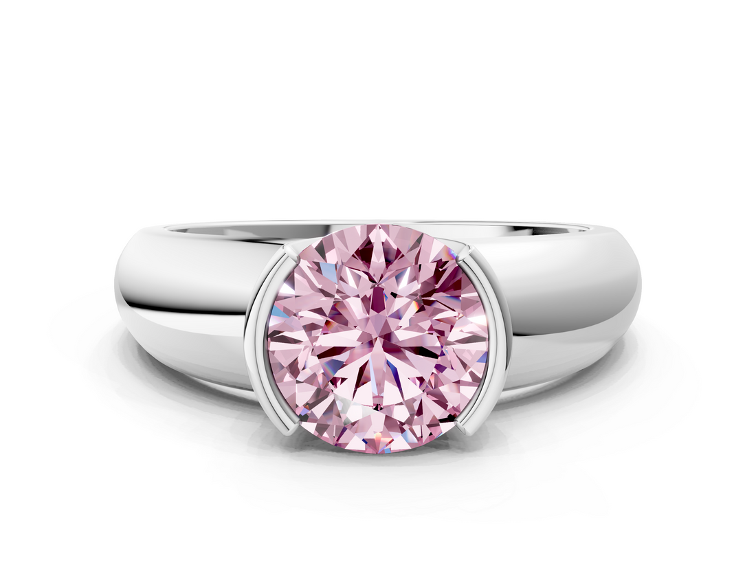 White gold Fancy Pink Round  Solitaire Tension Set Diamond Ring with Wide Band