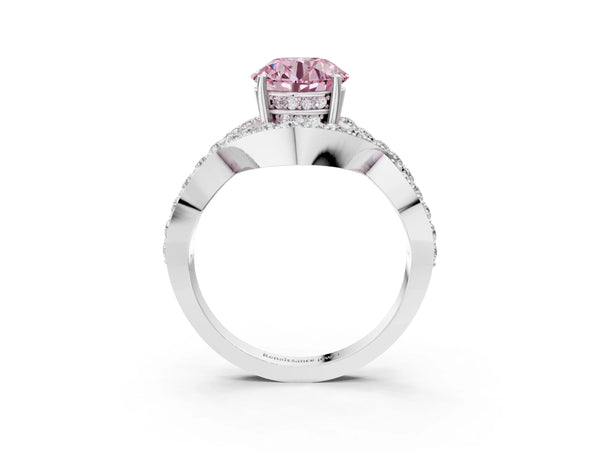 Platinum Fancy Pink Round  Solitaire Twist Band Pavé Diamond Engagement Ring