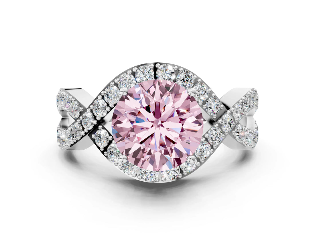 White gold Fancy Pink Round  Solitaire Twist Band Pavé Diamond Engagement Ring_86