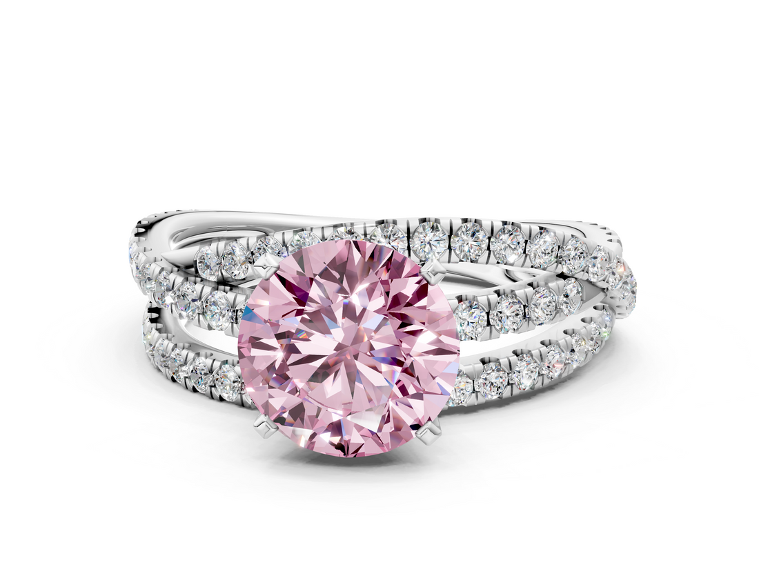 White gold Fancy Pink Round  Solitaire Twist Band with Pavé Setting and Four-Prong Setting
