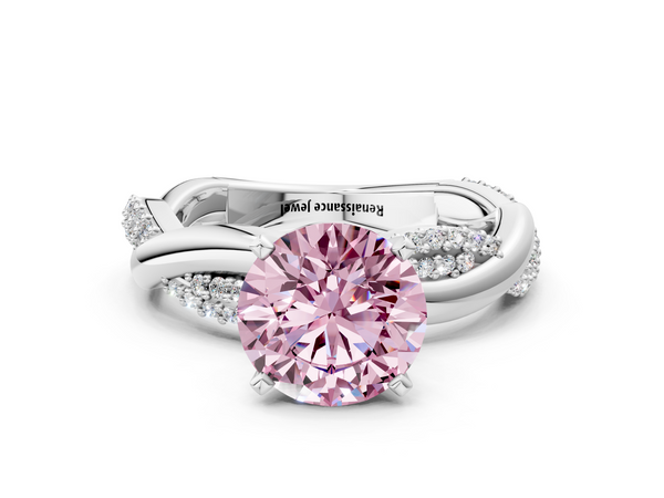 Platinum Fancy Pink Round  Solitaire Twist Band with Pave Prong Setting