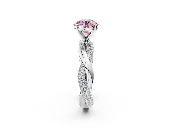 Platinum Fancy Pink Round  Solitaire Twist Band with Pave Prong Setting