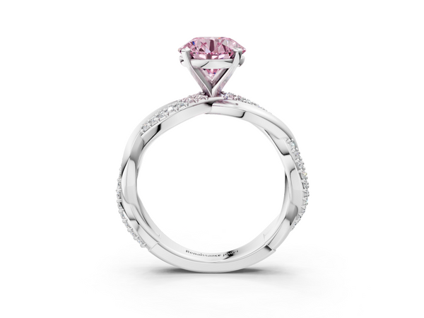 Platinum Fancy Pink Round  Solitaire Twist Band with Pave Prong Setting