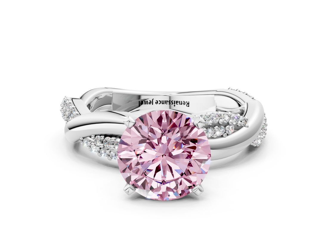 White gold Fancy Pink Round  Solitaire Twist Band with Pave Prong Setting