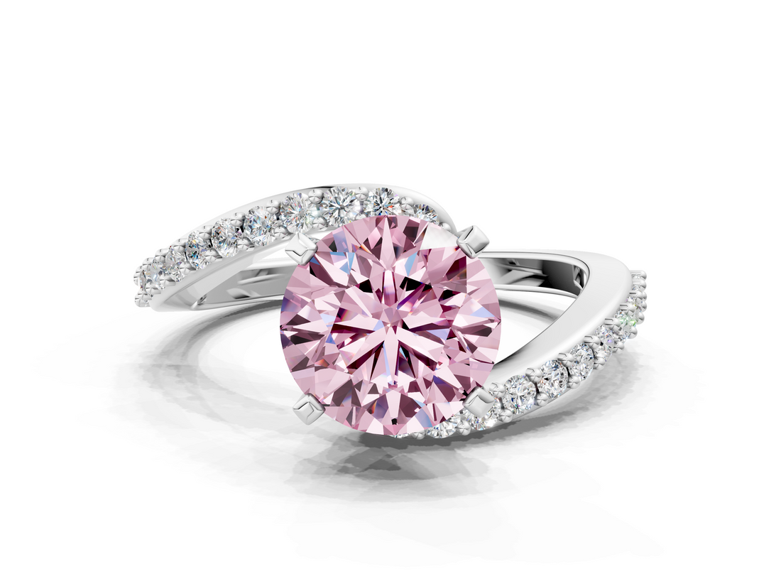 White gold Fancy Pink Round  Solitaire Twist Band with Pave Set Diamonds and Four-Prong Setting