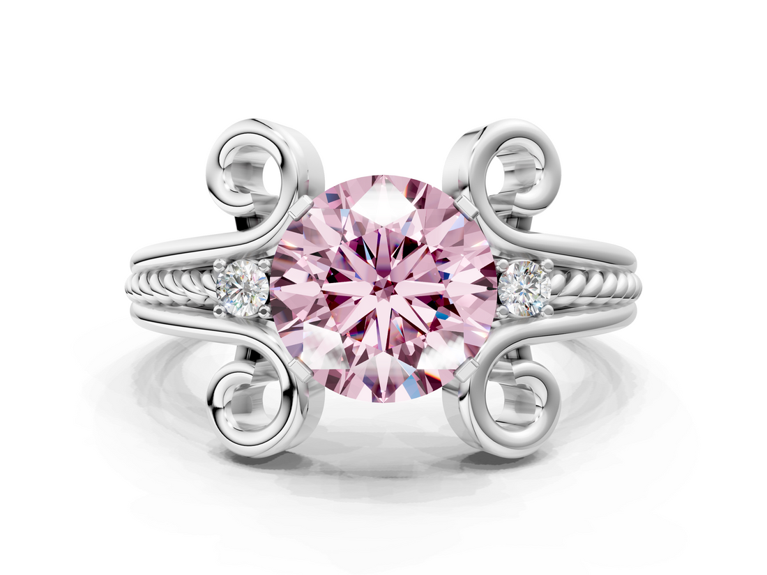 White gold Fancy Pink Round  Solitaire Twisted Band Scroll Prong Ring_3
