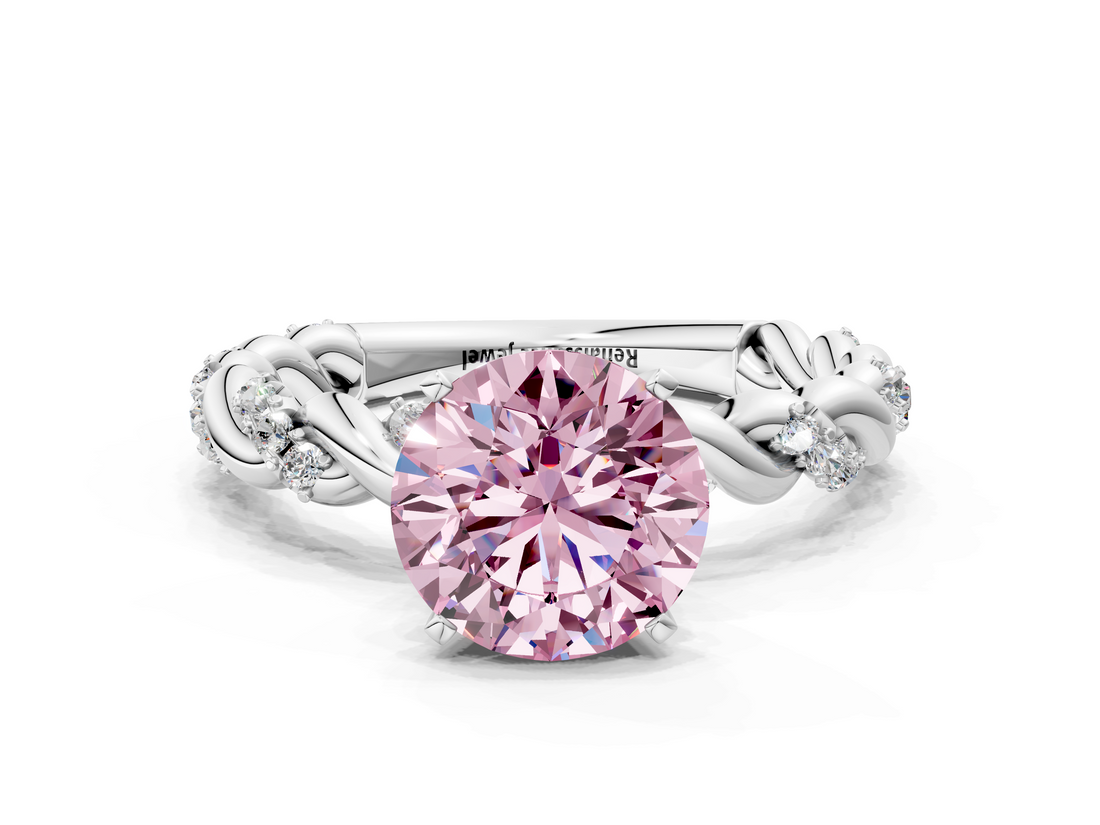 White gold Fancy Pink Round  Solitaire Twisted Band with Pavé Accents and Four-Prong Setting