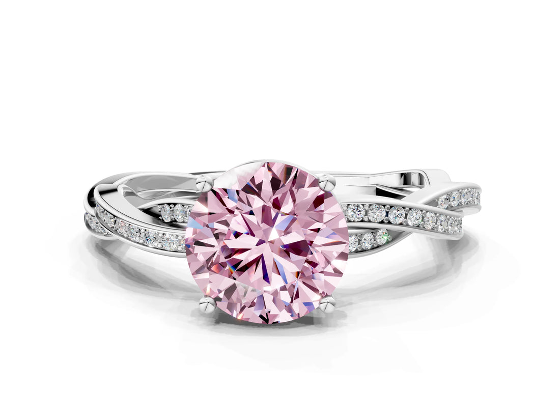 White gold Fancy Pink Round  Solitaire Twisted Pave Diamond Ring with Four-Prong Setting_191