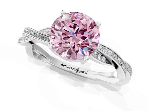 Platinum Fancy Pink Round  Solitaire Twisted Pave Diamond Ring with Four-Prong Setting