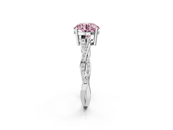 Platinum Fancy Pink Round  Solitaire Twisted Pave Diamond Ring with Four-Prong Setting