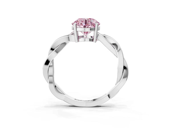 Platinum Fancy Pink Round  Solitaire Twisted Pave Diamond Ring with Four-Prong Setting