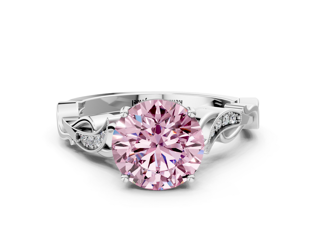 White gold Fancy Pink Round  Solitaire Vine Band with Milgrain Prong Setting_3