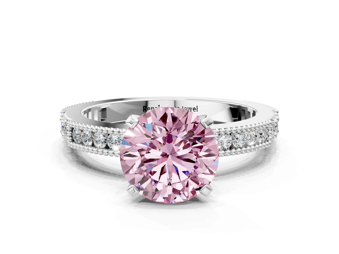 White gold Fancy Pink Round  Solitaire with Pavé Band and Four-Prong Setting_29