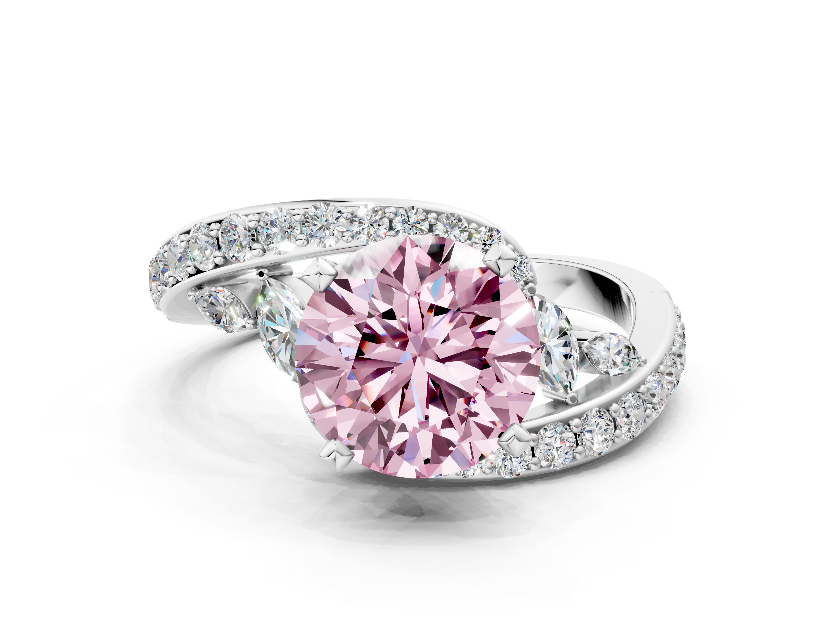 White gold Fancy Pink Round Solitaire with Pavé Twist Band and Four-Pr
