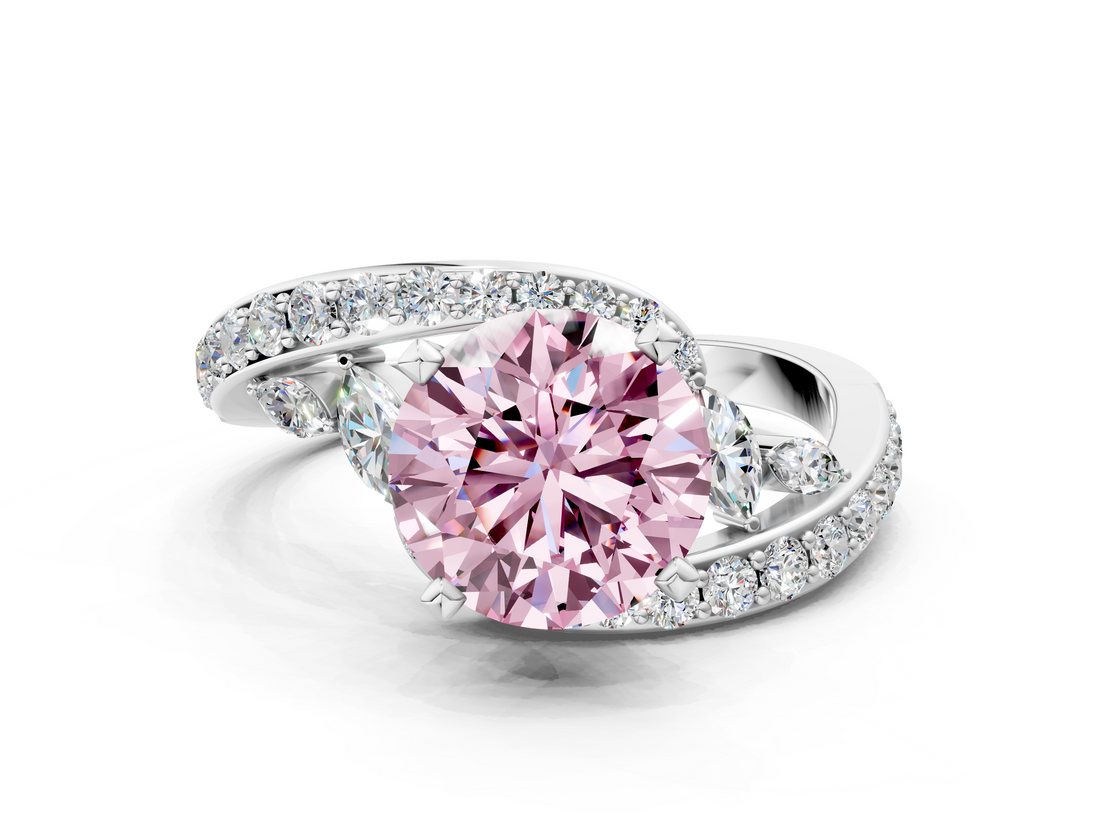 White gold Fancy Pink Round  Solitaire with Pavé Twist Band and Four-Prong Setting