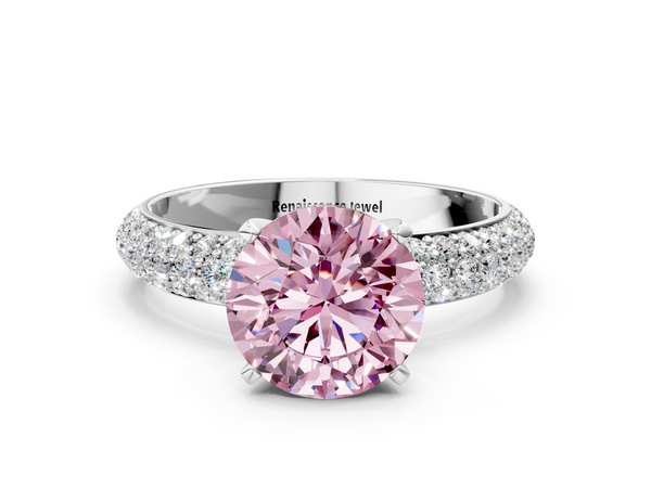Platinum Fancy Pink Round  Diamond Solitaire Ring with Prong Setting and Pavé Band