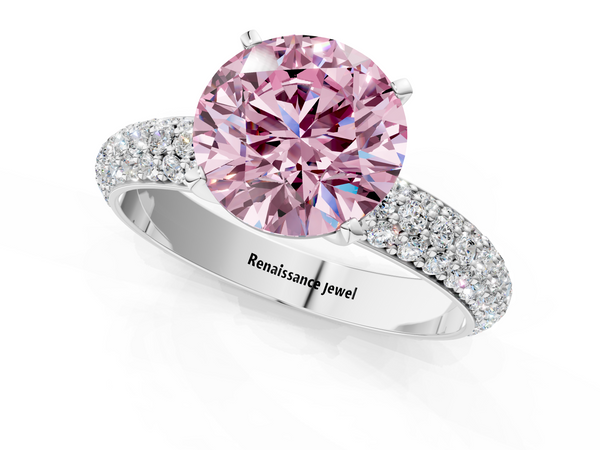 Platinum Fancy Pink Round  Diamond Solitaire Ring with Prong Setting and Pavé Band