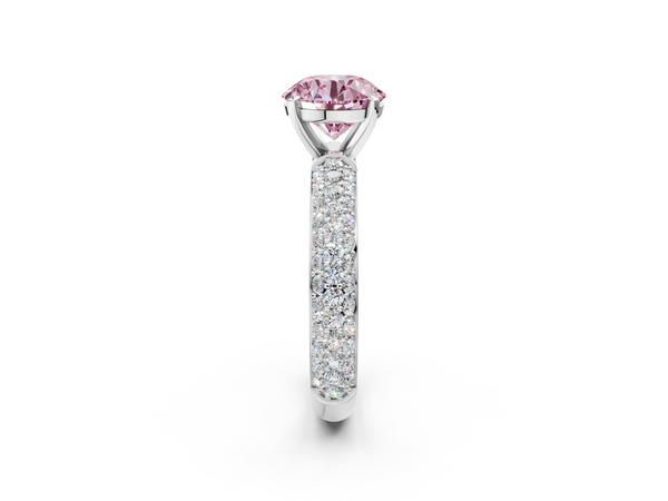 Platinum Fancy Pink Round  Diamond Solitaire Ring with Prong Setting and Pavé Band