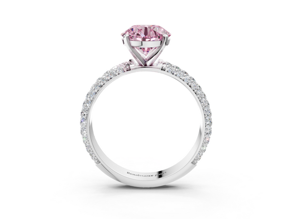 Platinum Fancy Pink Round  Diamond Solitaire Ring with Prong Setting and Pavé Band