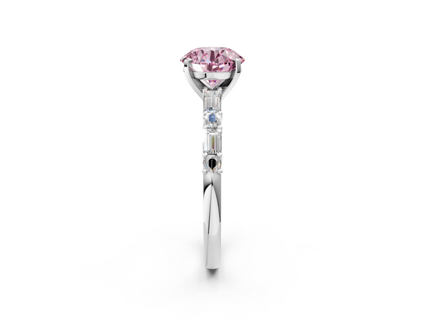 White gold Fancy Pink Round Cut Diamond Solitaire with Side Baguettes and Channel Set Band