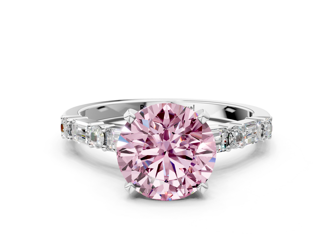 White gold Fancy Pink Round  Solitaire with Side Baguettes and Channel Set Band