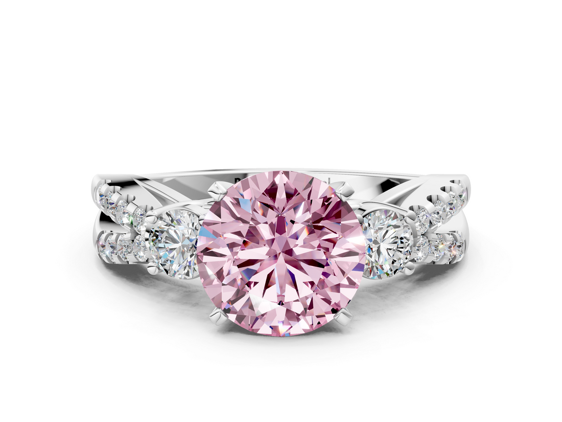 White gold Fancy Pink Round  Three-Stone Diamond Ring with Pavé Split Shank and Four-Prong Setting_17