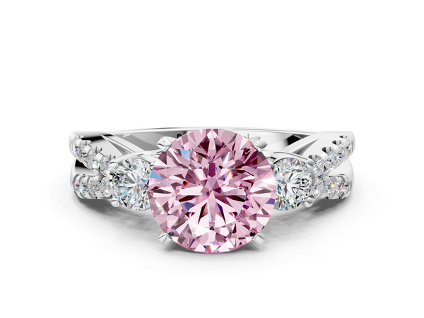 Platinum Fancy Pink Round Cut Diamond Three-Stone Ring with Pavé Split Shank and Four-Prong Setting