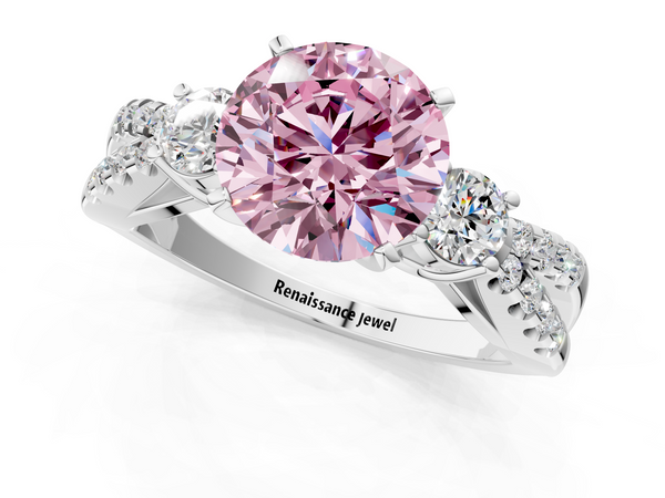 Platinum Fancy Pink Round Cut Diamond Three-Stone Ring with Pavé Split Shank and Four-Prong Setting