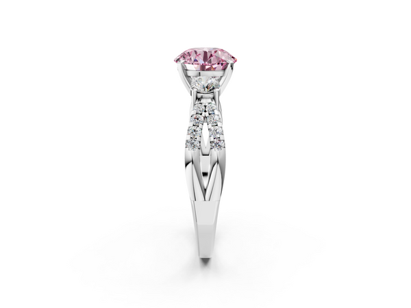 Platinum Fancy Pink Round Cut Diamond Three-Stone Ring with Pavé Split Shank and Four-Prong Setting