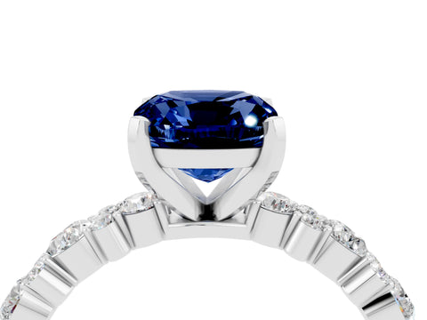 White gold Fancy White Cushion Cut Blue Sapphire Solitaire with Side Stones, Pave Band, Four-Prong Setting_16