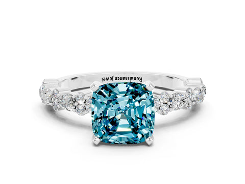 White gold Fancy White Cushion Cut Blue Topaz Solitaire with Side Stones, Pave Band, Four-Prong Setting_12