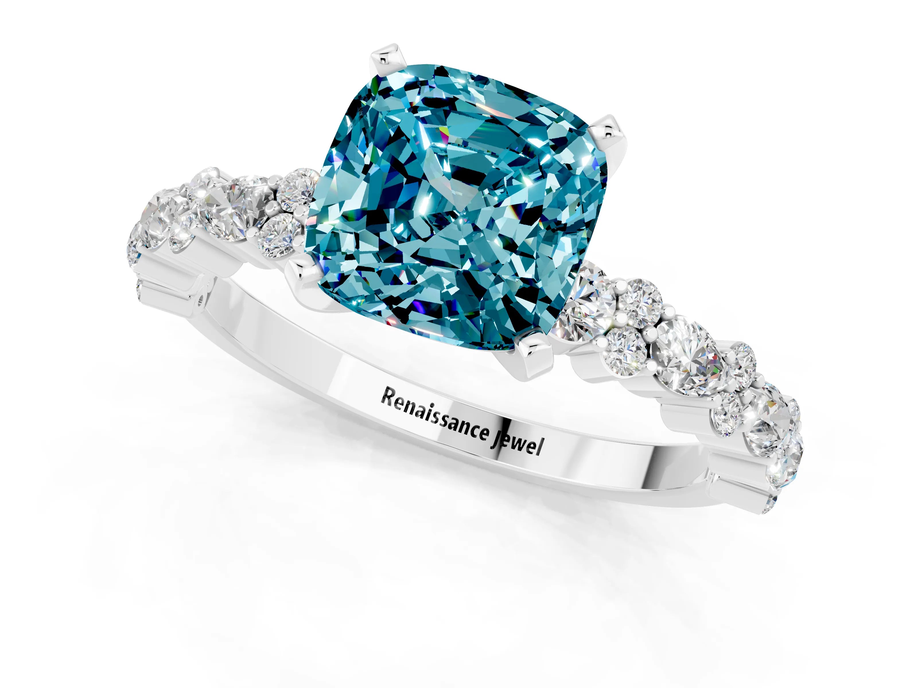 White gold Fancy White Cushion Cut Blue Topaz Solitaire with Side Stones, Pave Band, Four-Prong Setting_13