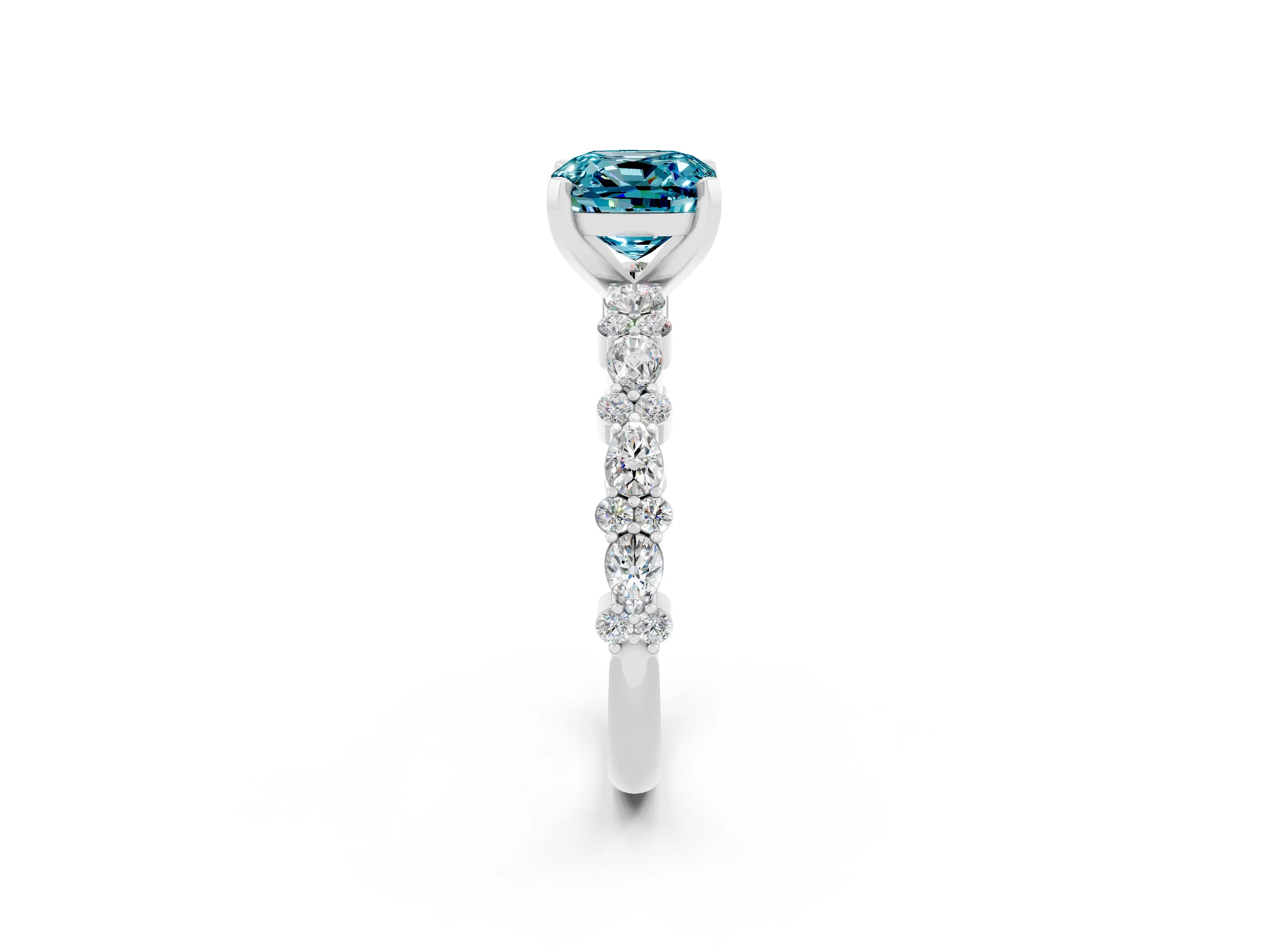 White gold Fancy White Cushion Cut Blue Topaz Solitaire with Side Stones, Pave Band, Four-Prong Setting_14