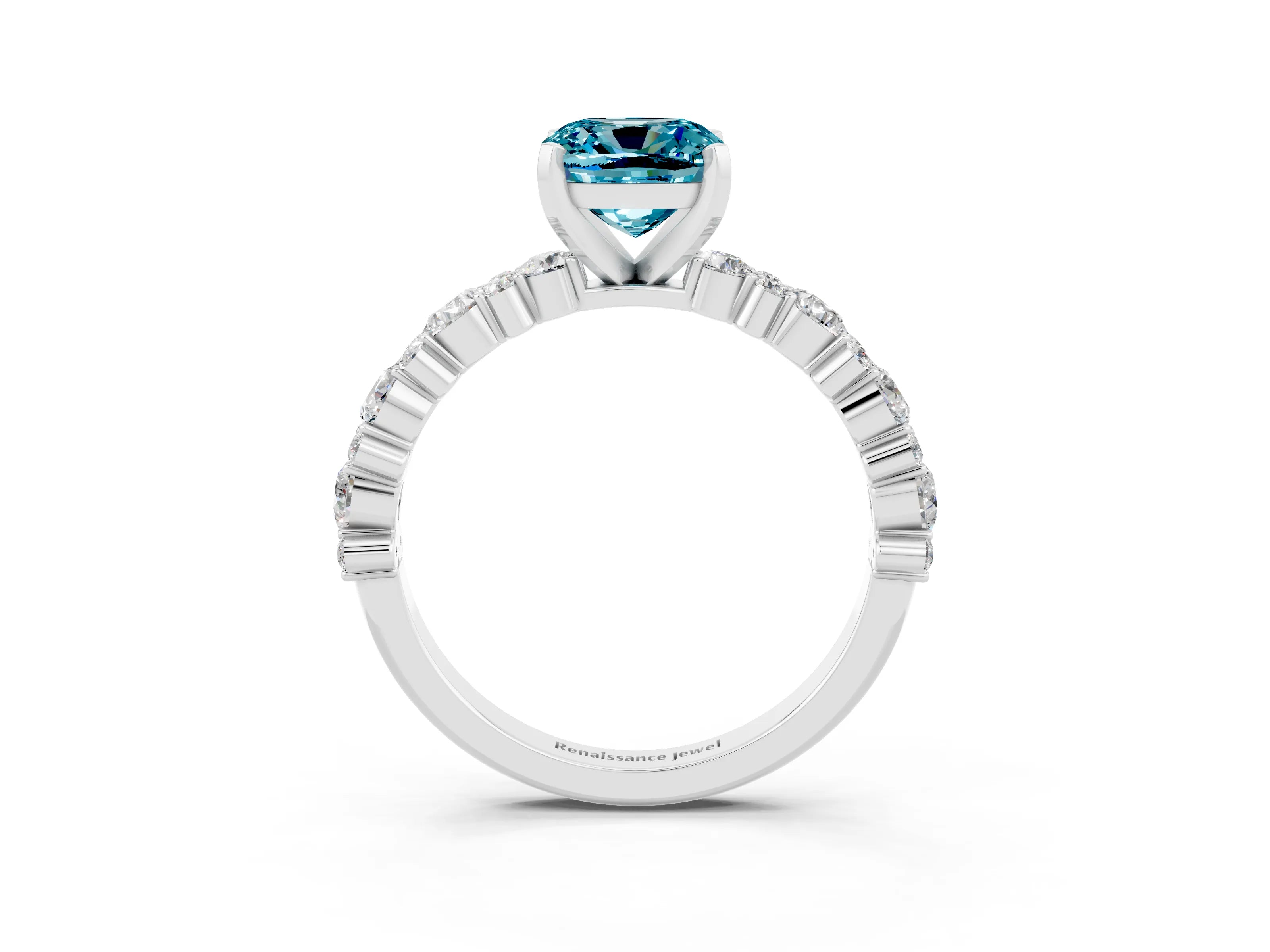 White gold Fancy White Cushion Cut Blue Topaz Solitaire with Side Stones, Pave Band, Four-Prong Setting_15