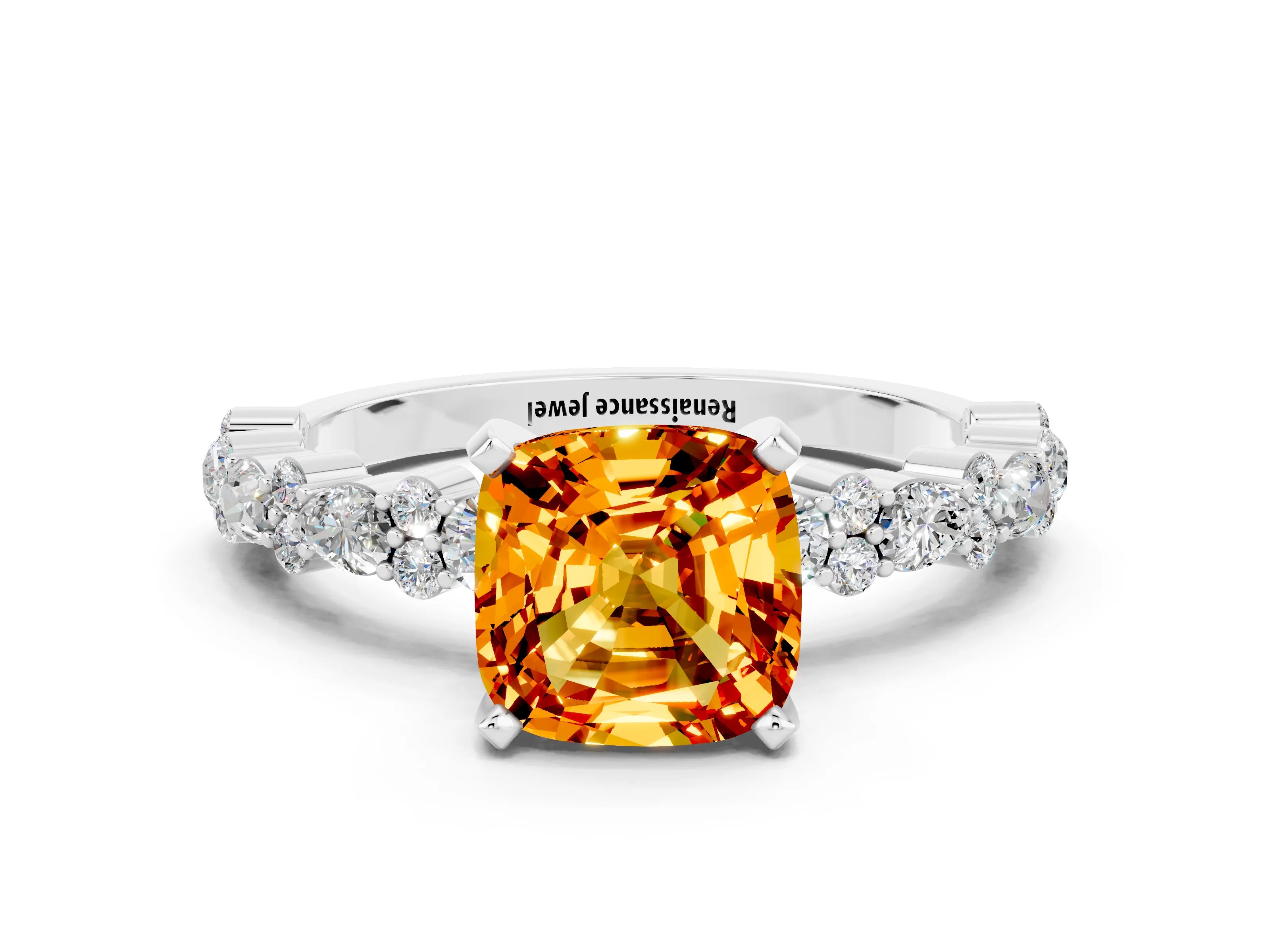 White gold Fancy White Cushion Cut Citrine Solitaire with Side Stones, Pave Band, Four-Prong Setting_12